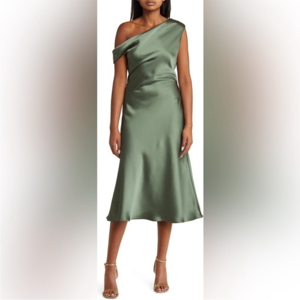 New Amsale One Shoulder Satan Midi Dress in Olive- Size 12